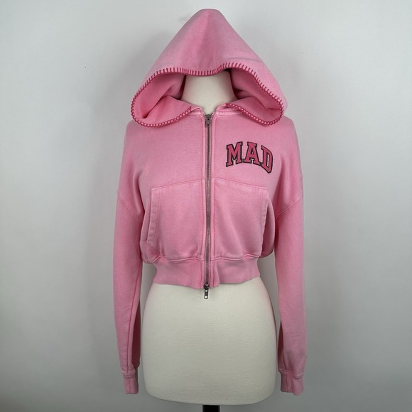 NWT GAP MadHappy Full Zip Crop Hoodie Sweatshirt MEDIUM Pink Embroidered Logo - Picture 6 of 16
